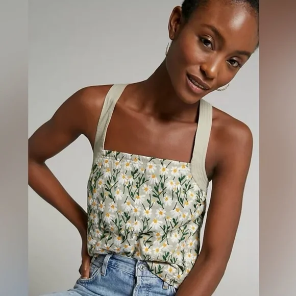 🐝 NWOT Anthropologie Maeve Embroidered Daisy Floral Side Zip Lined Tank Top XL - Picture 2 of 9